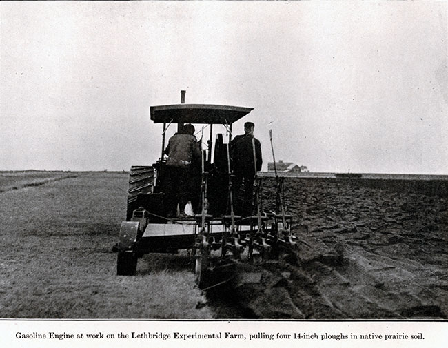 ExpFarmReport1909_Lethbridge_p384_Gasoline-engine-plowing-native-prairie-